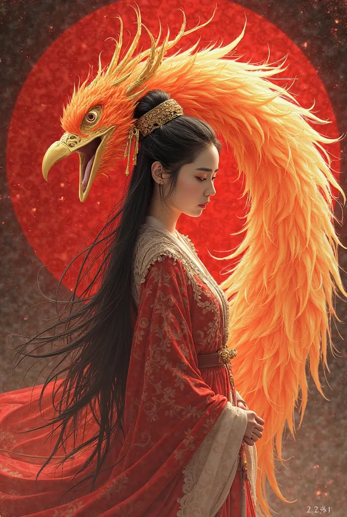 The artistic style of fantasy art and digital illustration, contemporary fantasy art and anime-inspired works, It features a blend of traditional Asian influences, such as clothing and mythical creatures (like the phoenix), dengan , vibrant color palette a...