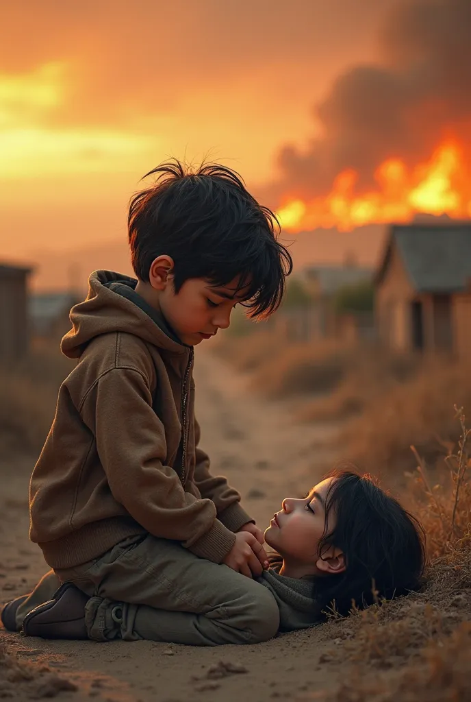 A young boy with tousled black hair and soft gray eyes kneels in the middle of an ashen village, holding the hand of his fallen sister. The sky is tinged with orange from distant fires. His small hands tremble as he looks at her peaceful face