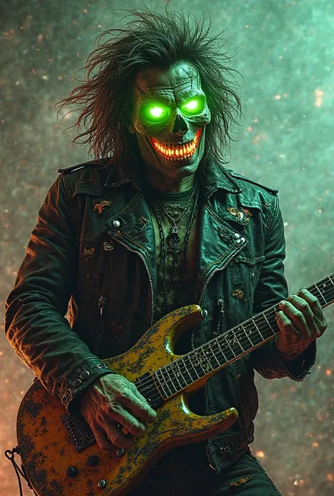 Create a mascot for the band 'Radioactive', inspired by the aggressive and rebellious style of the iconic mascots of bands like Megadeth and Iron Maiden. You must be a terrifying and energetic figure, with a post-apocalyptic and radioactive aesthetic. Your...