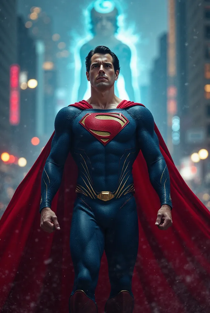 A high-quality cinematic-style thumbnail featuring Superman in his new suit, standing powerfully with his cape flowing. The background should have a dramatic cityscape of Metropolis, with a futuristic Lex Luthor hologram or robots looming in the distance. ...