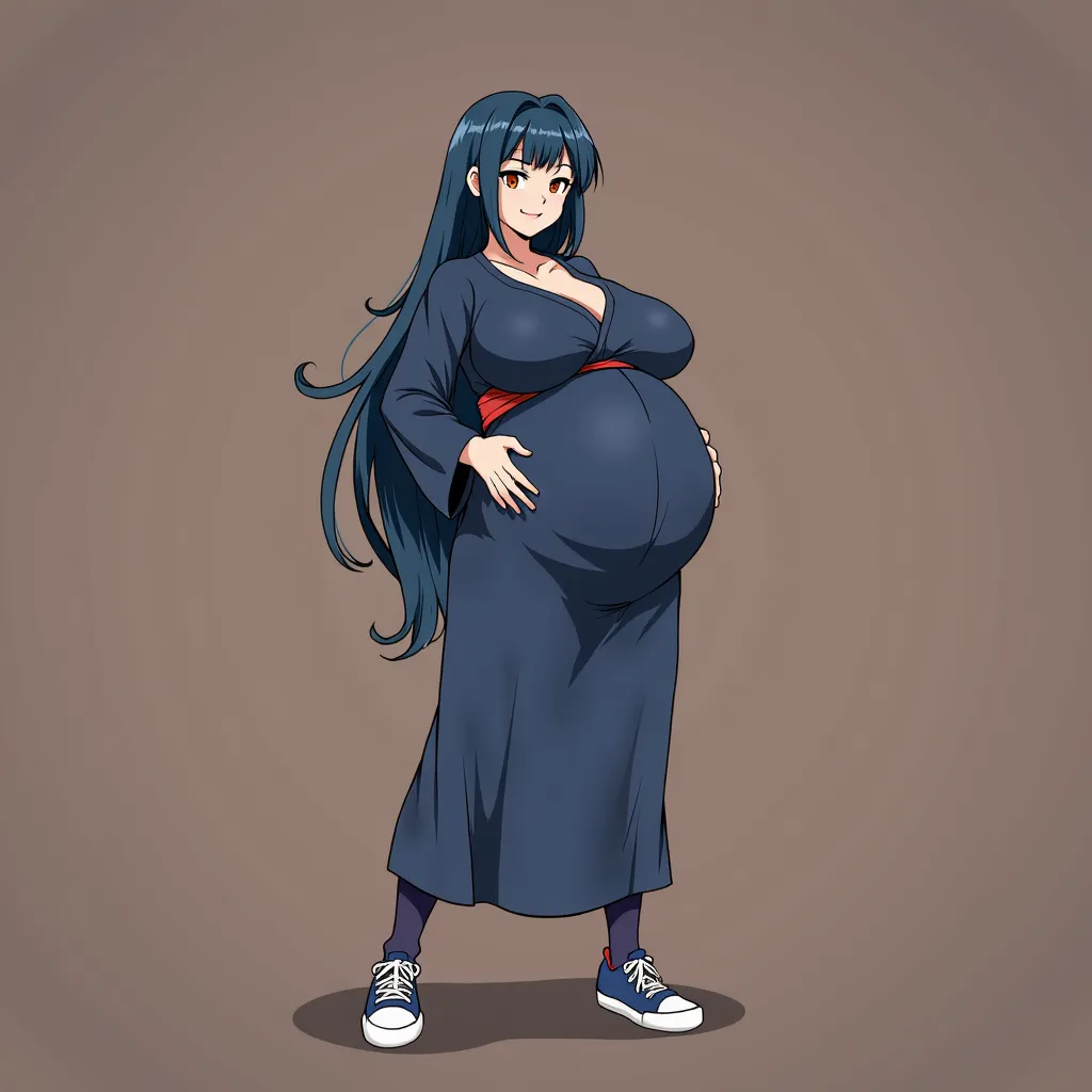 anime girl, long hair,dark blue hair, big pregnant, orange eyes , very big breasts, very big belly , pregnant girl, biggest belly , anime style,big breasts, pregnant girl with big belly, smile, dark blue thin tights, dark blue long kimono dress, big pregna...