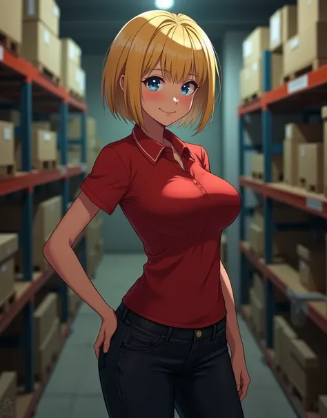 A close view of young anime woman standing in a storage room, with short blonde bob hair and blue eyes, wearing  red skinny polo shirt with short sleeves and black skinny jeans, looking with smile, with big breasts