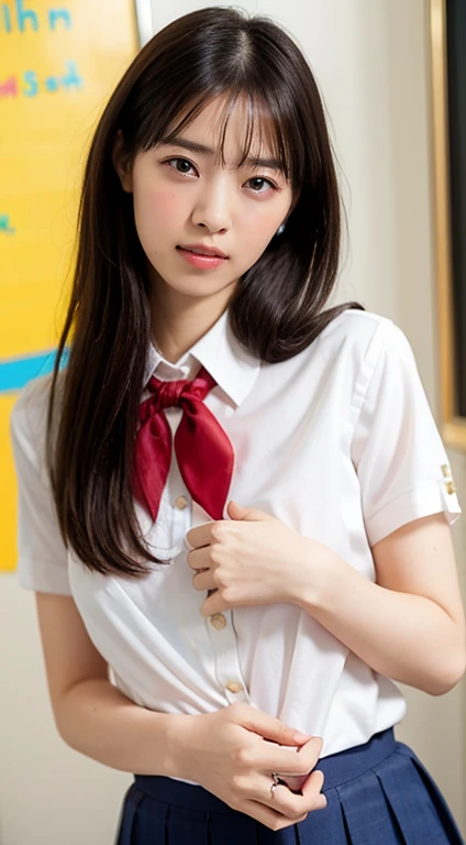 Highest quality、Ultra-high resolution、(Realistic)、18-year-old girl、((((School uniform blouse open))))、((((naked)))),Hyper Detail、Super Realistic、(Realistic)、More about beautiful skin、(masterpiece:1.0)、(Highest quality)、(Ultra-high resolution)、8K resolution...