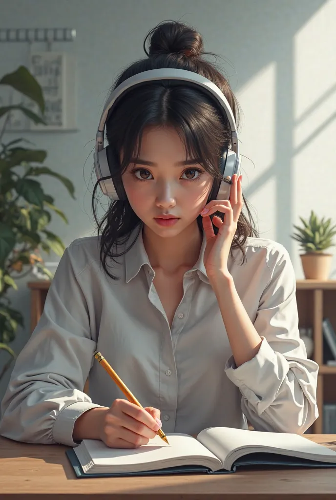 A student looking at her notebook with a headset 