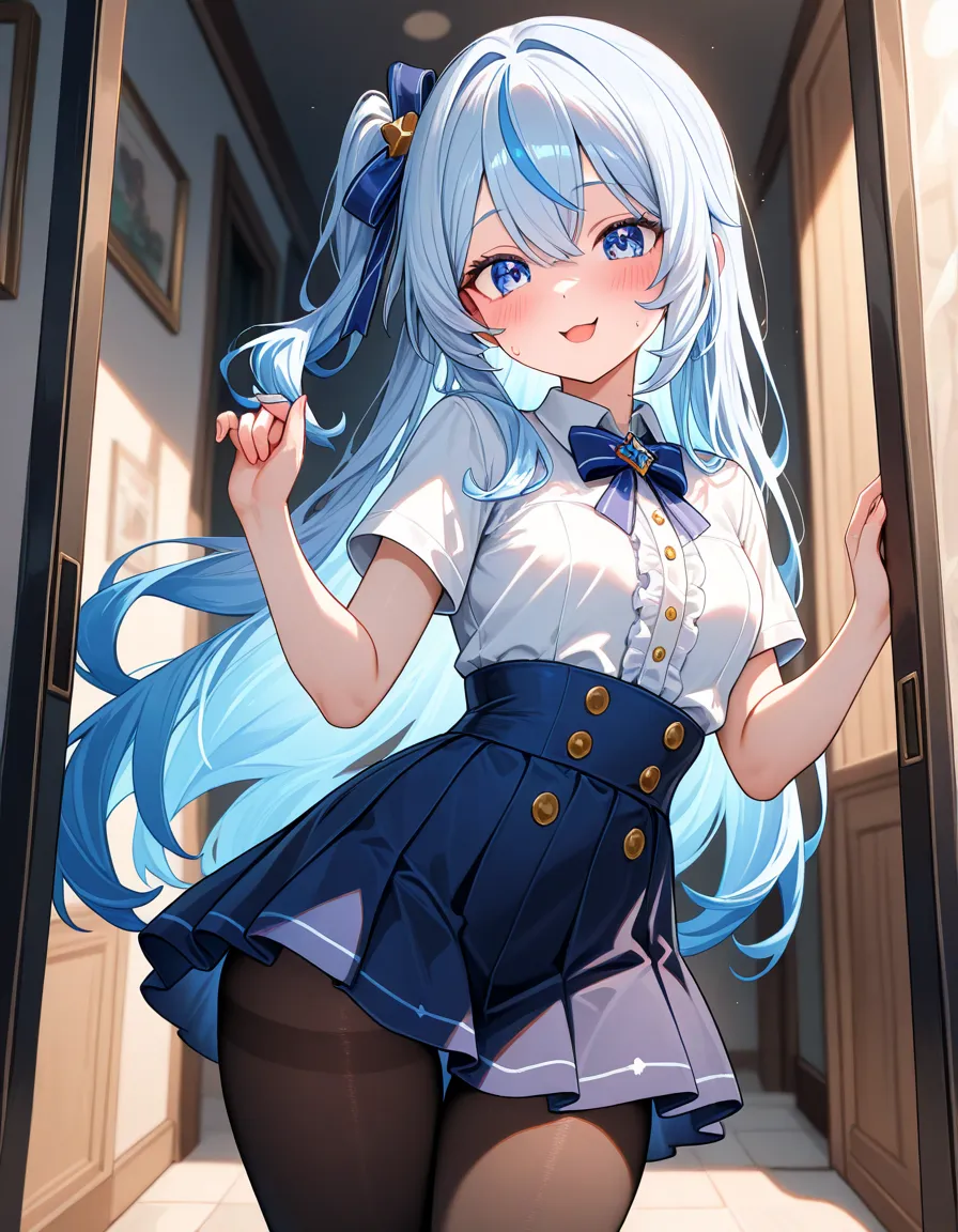 masterpiece,best quality ,  latest , safe, A woman who is too cute ,Vtuber,cute petite girl with light blue hair,While making a disgusting face, roll up her skirt and show off her pants