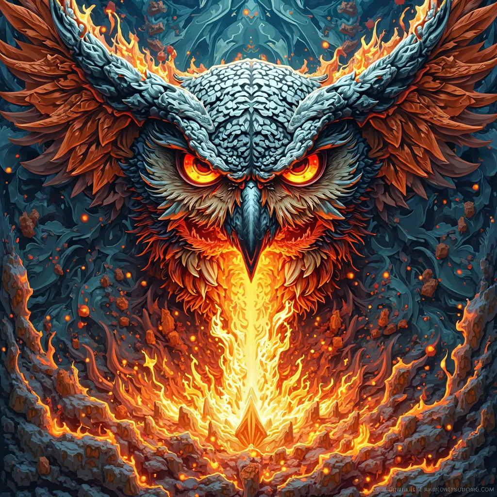 NFT 3d woodcut colorful owl 
 Angry giant shooting fire through the mouth flashy