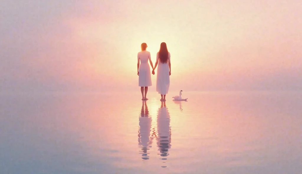 A serene lake at dawn, perfectly reflecting the sky above, with two figures standing side by side, facing the horizon. They are holding hands, and their reflection in the water shows them as one unified being, symbolizing the end of their separation. The c...