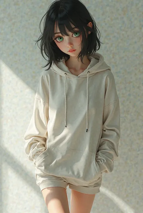 A feminine boy with shoulder-length black hair, a slender, fair-skinned body, and emerald green eyes, wearing a hoodie and shorts  exposing thighs 