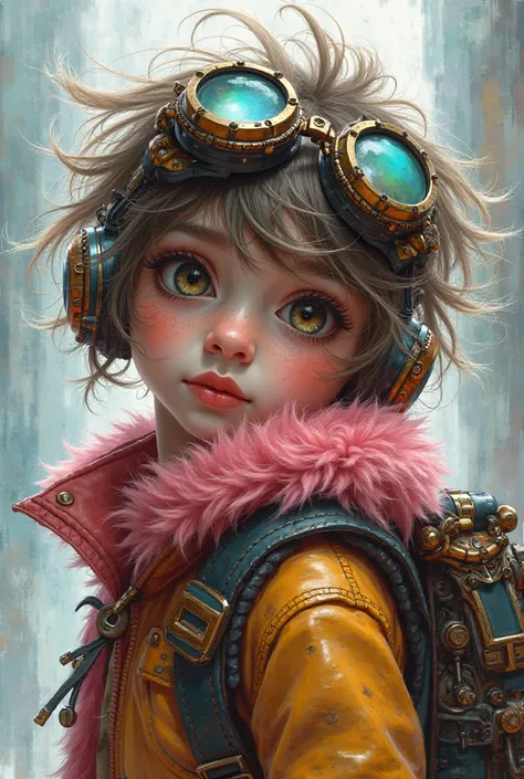 "A young character with messy random colour hair, wearing steampunk goggles with random colour lenses, "
    "an random colour leather jacket with a fluffy pink collar, intricate mechanical details on the backpack, "
    "and a futuristic yet retro style, ...