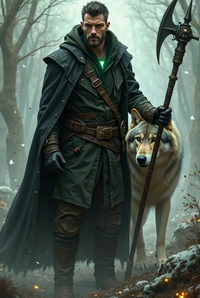 Tall and strong handsome white man with short dark hair and short beard wearing a black hooded coat wearing a dark green shirt without a tie with black gloves his eyes glowing green he wears a halberd in combat posture next to a wolf