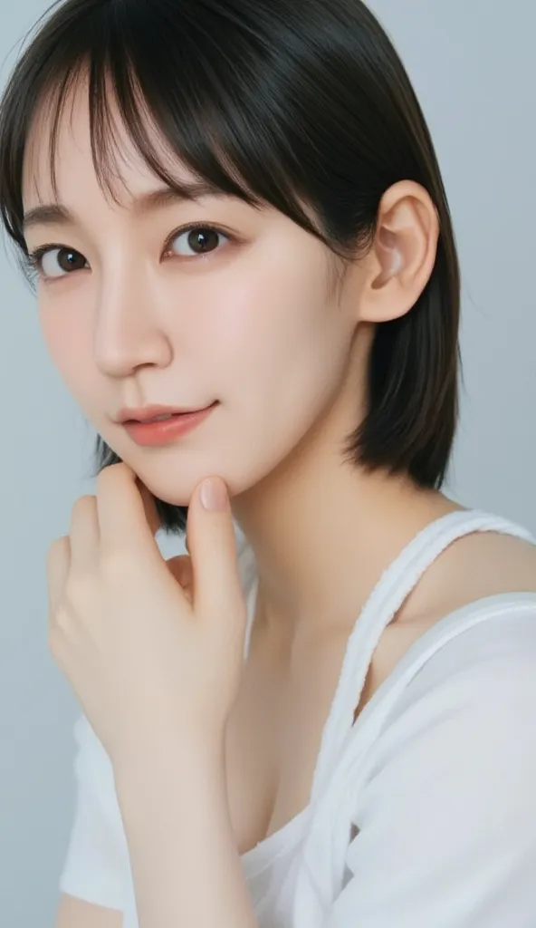 ( detailed skin:1.2),( shiny skin:1.1),8k, Top Quality, masterpiece,   recording  ,( realistic :1.4),  RAW photo,(soft saturation:1.3),(  white skin:1.2), Japanese idol ,Smiling face、20 years,   short hair , （Shore Surf:1.2)、（  short hair型 :1.2),   short h...