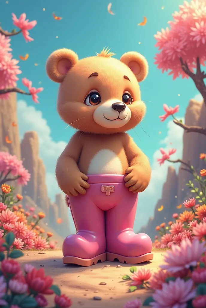 Cute bear standing wearing pink boot in colorful place 