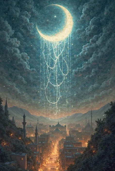 "A mystical landscape where shayateen (devils) are chained with glowing celestial bonds, unable to whisper evil, while a luminous crescent moon shines over a peaceful city in Ramadan."