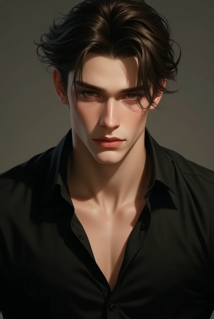  a young man, attractive and powerful 26 year old,  elegant, dark brown hair,  intense golden eyes , definite masculine traits,  athletic body build. wears a black shirt with the first buttons open,  casual style . looking at the spectator, 8k octane,  Cin...