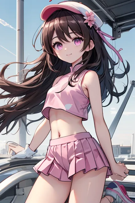  an anime girl,  Pink Eyes, long dark brown hair ,  pink sportswear, good face, pleated pink skirt, pink sports skirt, ((fitted pink crop top)), pink sleeveless fitted square compression top, ((small white sneakers)), white casual sneakers, White sports te...