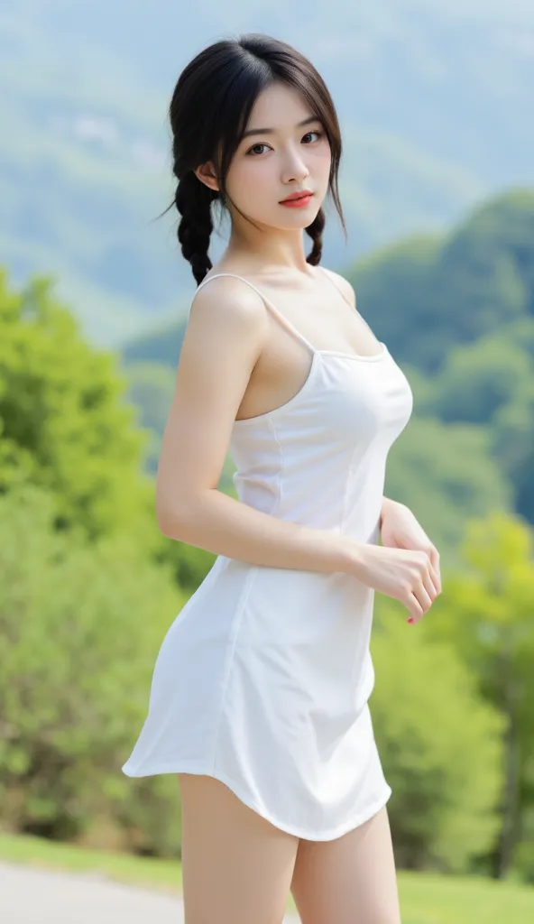 Japanese Idol Women,
Beautiful face, lustrous hair, smooth white skin,
Bright sunlight, well-prepared light source,
1 girl standing in a Japanese garden in the mountains, 
short hair with braids, dark hair, brown eyes,
White camisole one-piece dress, minis...