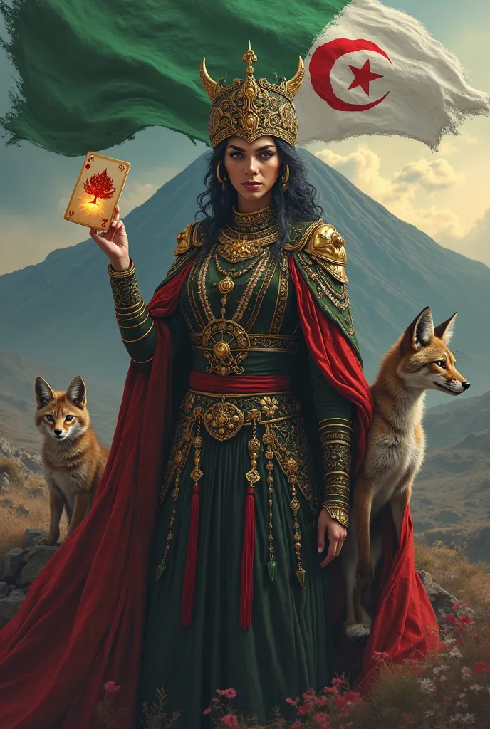 Queen of Spades with an ace of spades in her right hand and a little fennec fox in her left hand and Etna in the background a flag of Algeria