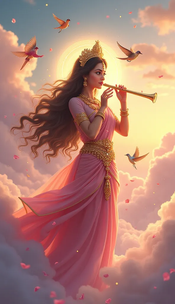 "A 3D Cute Anime Illustration digital painting of "A divine and ethereal depiction of Goddess Radha Rani, gracefully playing a golden whistle flute, her soft lips gently blowing into it as enchanting melodies fill the air. She has long, flowing hair that c...