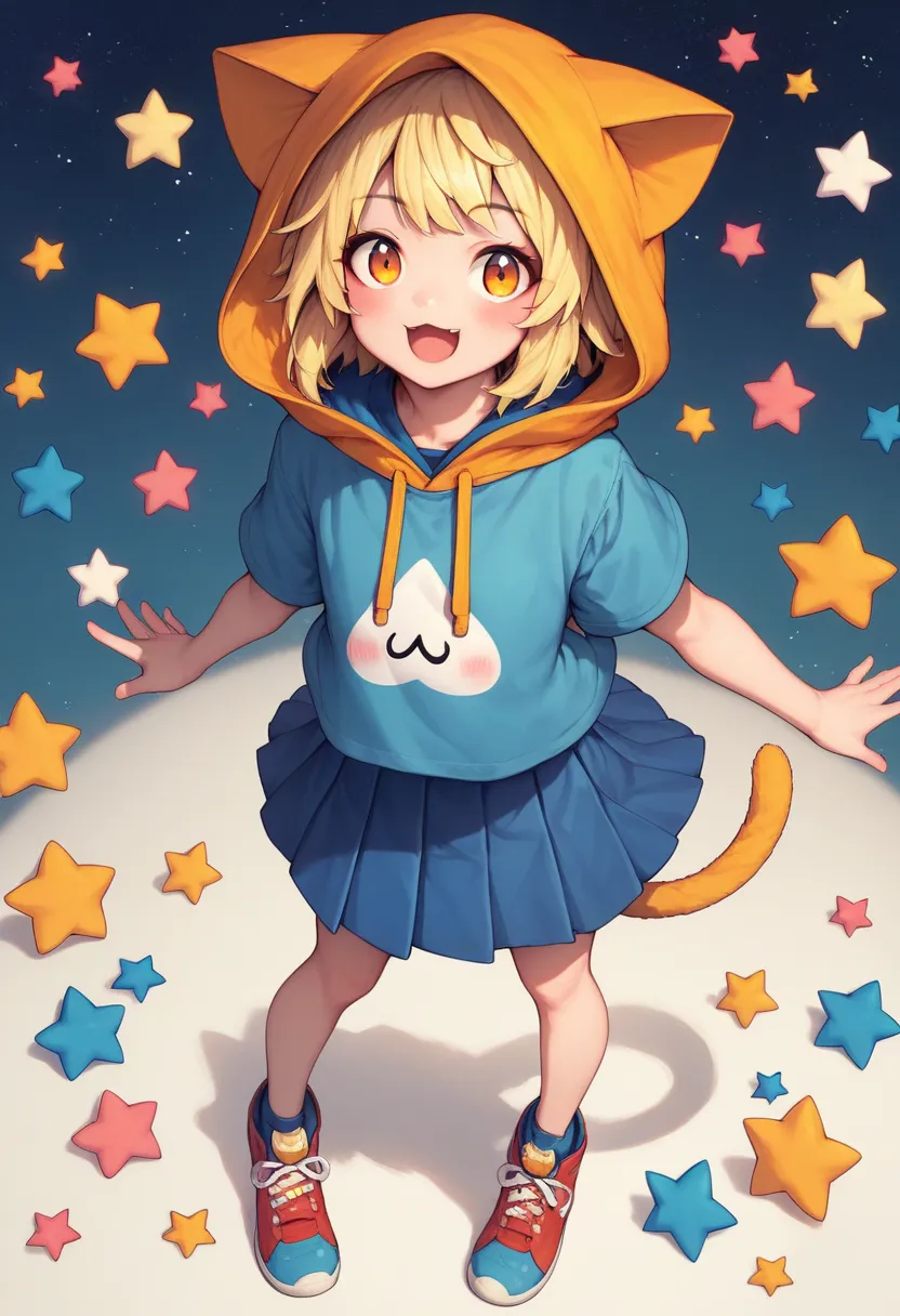 AnimeArtsCute, solo, blonde hair, 1girl, star (symbol),
starry sky, open mouth, skirt, short hair, blue skirt, :d, sfw, orange eyes,
cat ears, pleated skirt, :), animal hood, cat tail, hood, starry background,
cat hood, red footwear, tail, smile, kemonomim...