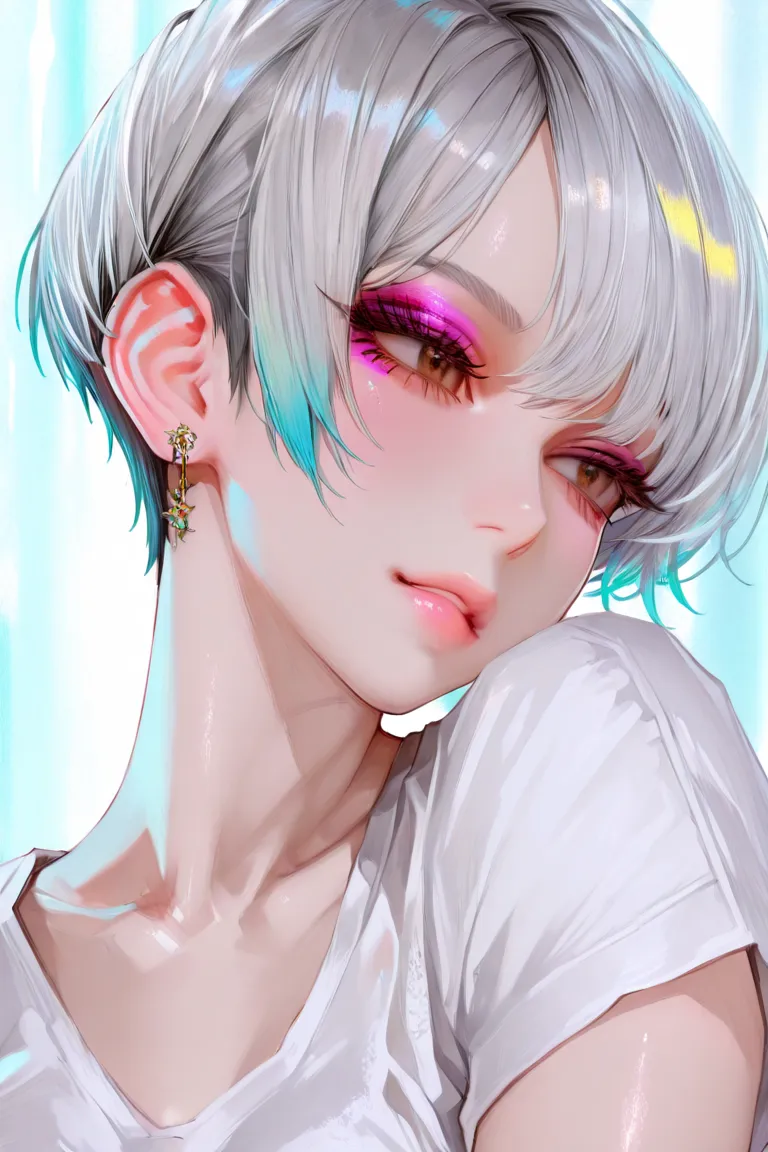 (best quality, masterpiece), 1girl, beautiful girl, brown_eyes, ((hair color [Silver hair], [pixie cut with bangs] hair)), earrings, lips, short sleeves,realistic, narrow waist, charming, colorful makeup, long eyelashes, fair skin, (cute), (detailed face),...