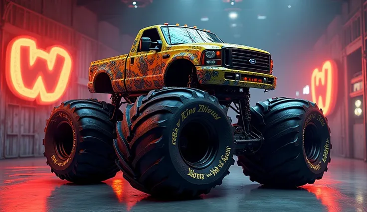 The image depicts the full back view of 2025  ( king krush monster truck)  (zombies) clour. in a futuristic, well showroom and back ground well logo( krush) . full great size with Good's walls and  highlight 56k.