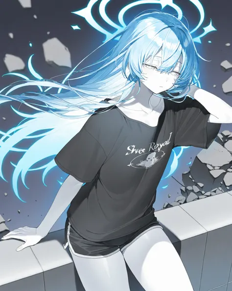 best image quality、Hi-Res、 diamond blue hair 、white eyes、、rooftop、  big black t-shirt 、美しいchest、  best thighs、Blue aura、 long hair、best image quality、floating rubble、black shorts、 white skin、 the royal family、、Straight face、 black underwear、Looks sleepy、ch...