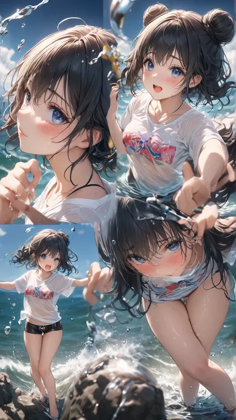  female 1 person, black hair, Age 25, ((Wear a bikini underneath a large t-shirt))、(((()))), (((micro pants))((((shy, blush))),((messy hair, double hair bun)), (汗 soaked)( sexy)(((( medium breasts )))) (( puff up the cheeks))(( wet and transparent clothes)...