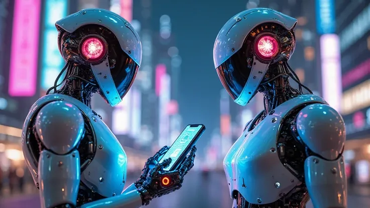 Two futuristic robots each talking on their mobile phone. Their designs are advanced, with shiny metallic bodies and LED lights in their eyes and circuits. One of the robots holds a smartphone with a holographic screen, while the other one seems to be resp...