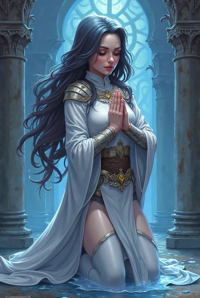 Dnd character, fantasy girl, girl, anime style, cartoon style, semi realistic, long hair, wavy hair, cleric, water, light, prayer water light, sexy, breasts, curvy, priest, praying, priest outfit, knight outfit, wlop, samdoesart, sad, on her knees