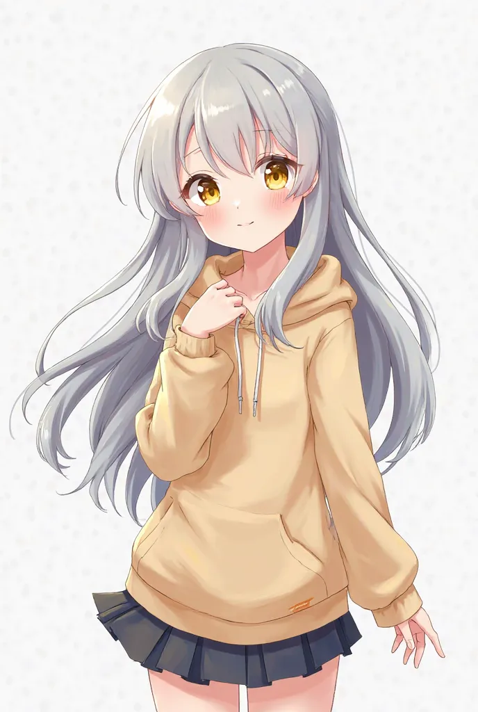 girl smiling anime style,long hair, bangs, skirt,Gray Hair, medium hair, 分け目のあるbangs, 斜めbangs,  natural perm, with golden eyes, looks at one woman, hoodie