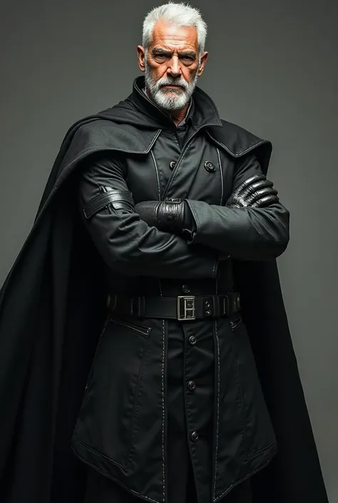 Middle aged white male,medium slicked back hair, cured trimmed beard,black ranger tunic with silver lined details,black cape, gloves, crossing arms,potrait 