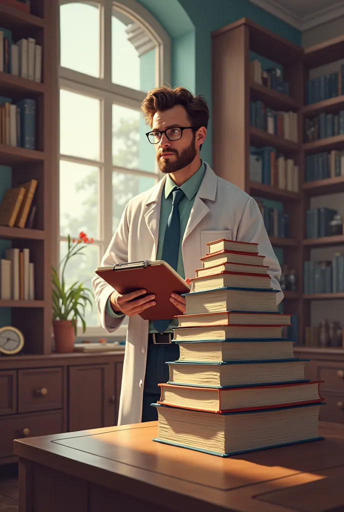 I want the image of a doctor standing looking at a stack of books that looks like a pyramid 