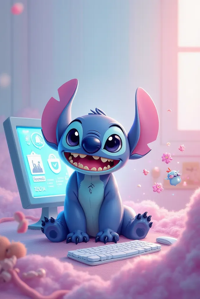 Pastel colored background of Stitch and a computer
