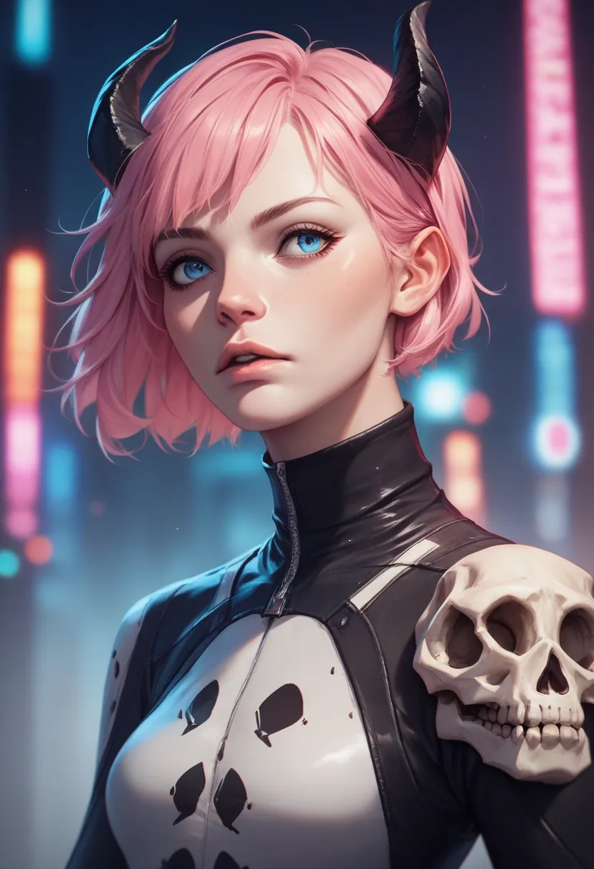 AnimeArtsCute, A highly detailed digital artwork of a
young woman with short, pastel pink hair, wearing a black, glossy, high-neck
bodysuit with a skull emblem. She has blue eyes, a small nose, and full lips.
Her head is adorned with black horns. The backg...