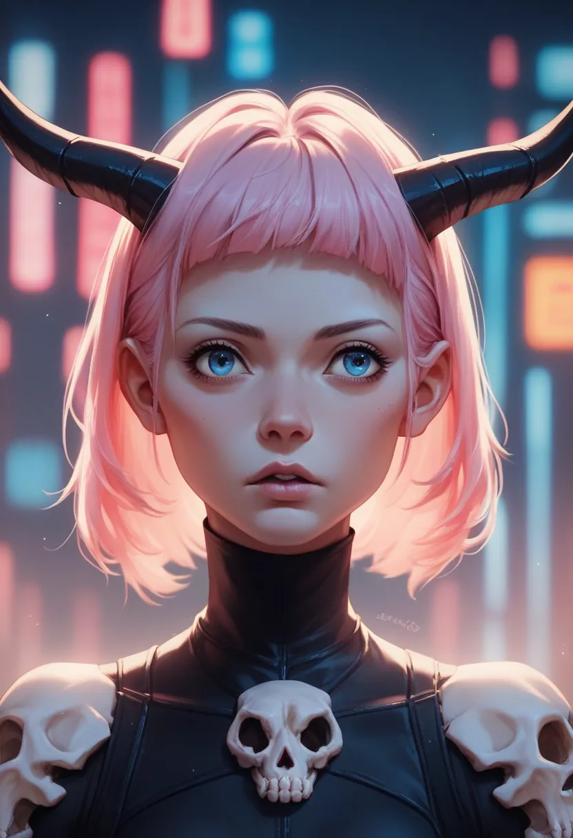 AnimeArtsCute, A highly detailed digital artwork of a
young woman with short, pastel pink hair, wearing a black, glossy, high-neck
bodysuit with a skull emblem. She has blue eyes, a small nose, and full lips.
Her head is adorned with black horns. The backg...