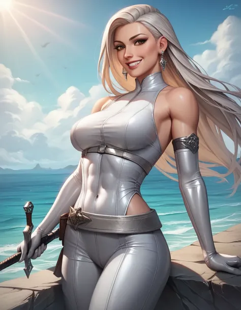 female silver sleeveless latex bodysuit, silver belt, silver long tight pants, racerback, bare shoulders, long elbow gloves, silver gloves, toned arms, beautiful faces, white hair, long hair, earrings, soft smooth skin, pale skin, ocean background, brown e...