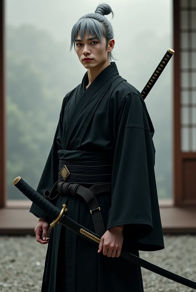 Draw me a samurai with pale skin, gray eyes and men's white hair, he holds a katana and his black samurai uniform 