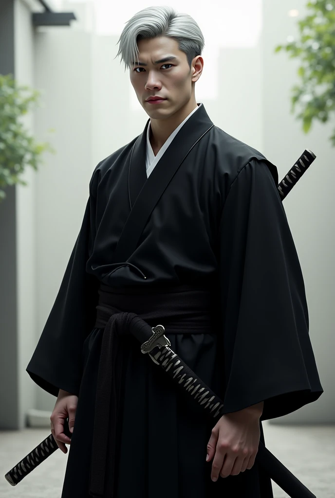 Draw me a samurai with pale skin, gray eyes and men's white hair, he holds a katana and his black samurai uniform 