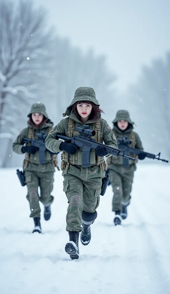 Imagine Three Beautiful Korean Short Cut Straight Hair Woman Soldiers Running Straight On Snow Wearing Korean Snow Soldier Uniforms , Holding Sniper Guns , Unreal Beauty Korean Woman's, Eye Catching Background, 4k Quality Image Masterpiece, Highly Detailed...