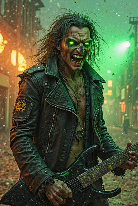 Create a mascot for the band 'Radioactive', inspired by the aggressive and rebellious style of the iconic mascots of bands like Megadeth and Iron Maiden. You must be a terrifying and energetic figure, with a post-apocalyptic and radioactive aesthetic. Your...