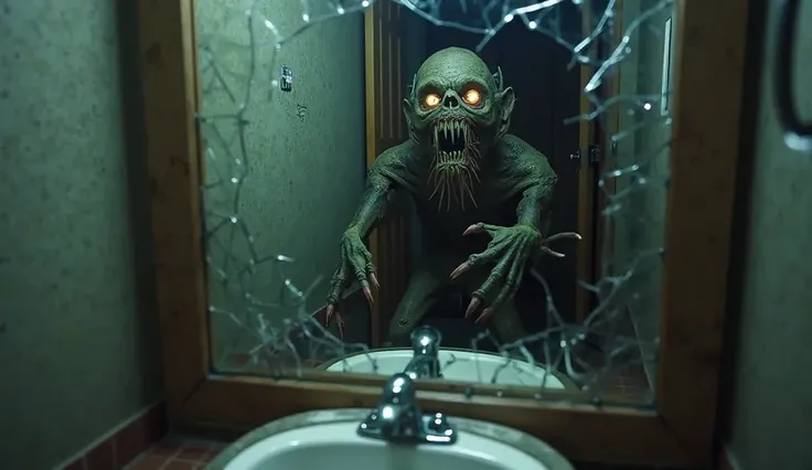 A cracked mirror in a dimly lit bathroom. The reflection shows a monstrous, skeletal figure with glowing eyes and needle-like teeth, but the room itself is empty. The mirror's surface seems to ripple, as if something is trying to break through.