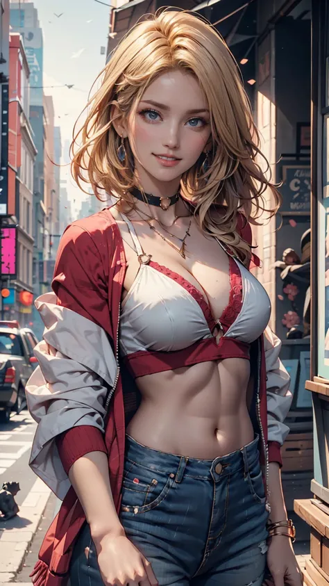 Christian AOT, 1 girl, Alone, christa renz, smile, hair between eyes, Blue Eyes, blond hair, Midriff jacket,  medium hair, torpedo boobs、underboob top（Underboob Top）、Underboob visible、Belly button visible、 Low Rise Hot Pants、pin heels、 full body photo、 New...