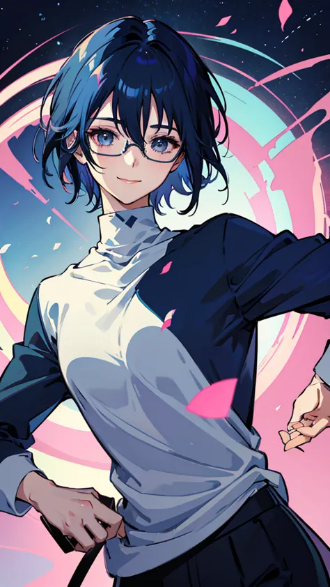 anime, pretty boy like a beautiful girl with dark blue hair and very short dark blue hair、smile、Glasses、 white turtleneck shirt、Don&#39;t show your breasts、navy blue long skirt、Colorful Flowers々、Flying Butterflies 々, Front bust, best quality, 4K, 8k, high ...