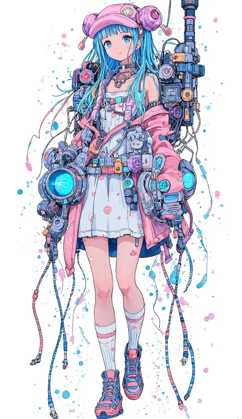 mecha art、ultra detailed、pastel art、girl、background is stark white、on3pi3c3styl3、ground、pastel collar、Easy-to-read illustrations、detailed hands、 Details、Perfect piece、high quality、32K、Alone、alone、(full body:1.8)、detailed illustration、Fine Lines、Portrait Ph...