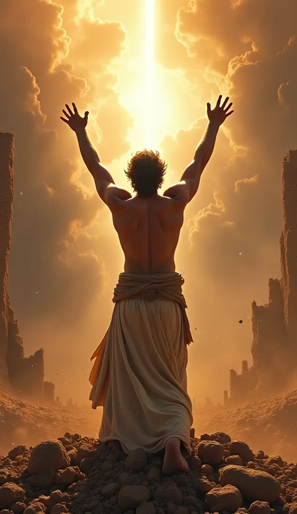 Samson, now blind, standing with his arms raised toward the sky, preparing to take his last blow, surrounded by ruins and wreckage. There is a divine light illuminating him,  symbolizing her inner strength .