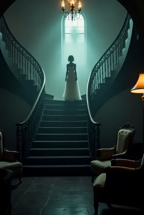 A spooky hotel lobby at night, with a grand staircase, vintage furniture, and a ghostly figure of a woman in a white dress standing at the top of the stairs, her face pale and sorrowful, with a cold, eerie mist filling the room, creating a chilling and sus...