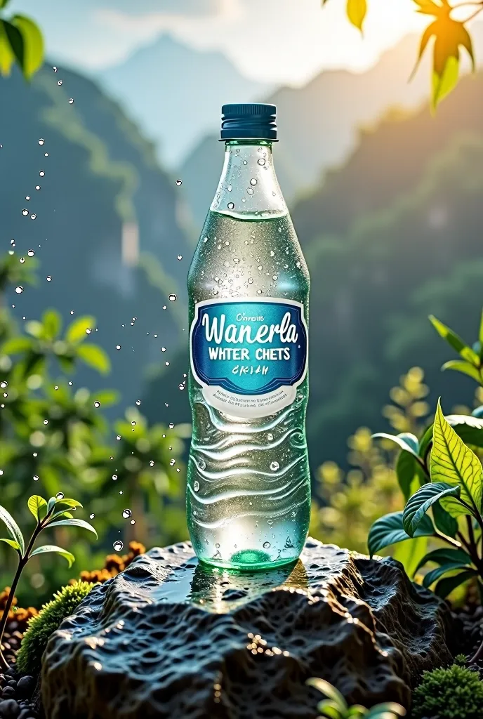 Prompt:
A bottle of mineral water stands on a wet rock with a backdrop of lush, tropical mountains. Droplets of fresh water condense on the bottle’s surface, creating a refreshing effect. A thin mist and warm tropical sunlight shine from the side, adding a...