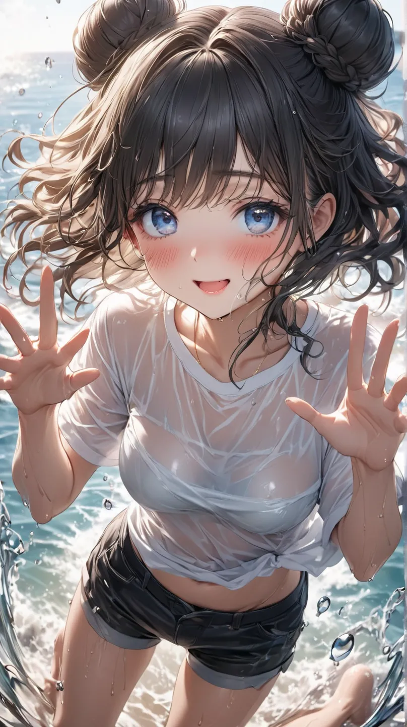  female 1 person, black hair, Age 25, ((Wear a bikini underneath a large t-shirt))、(((()))), (((micro pants))((((shy, blush))),((messy hair, double hair bun)), (汗 soaked)( sexy)(((( medium breasts )))) (( puff up the cheeks))(( wet and transparent clothes)...