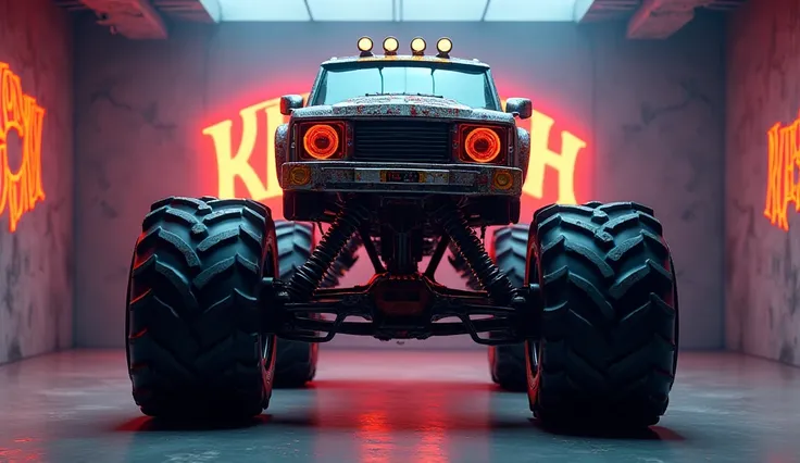 The image depicts the front view of 2025  ( king krush monster truck)  (zombies) clour. in a futuristic, well showroom and back ground well logo( krush) . full great size with Good's walls and  highlight 56k.