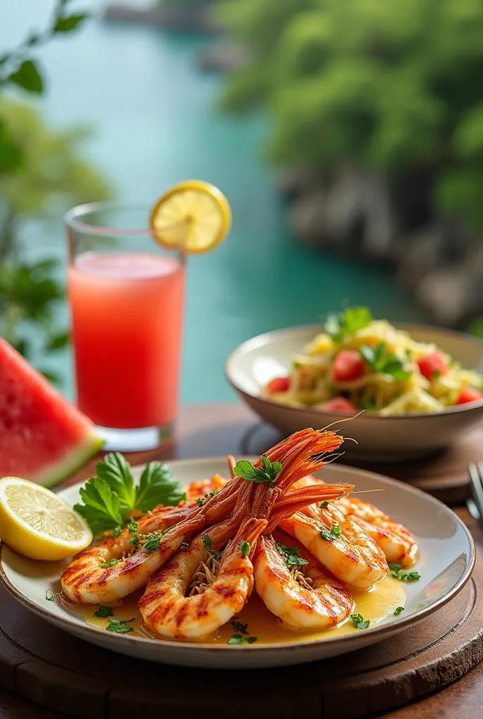 Grilled prawns with lemon butter sauce
Ensaladang pako (fern salad) with salted egg and calamansi dressing
Freshly blended watermelon juice
landscape